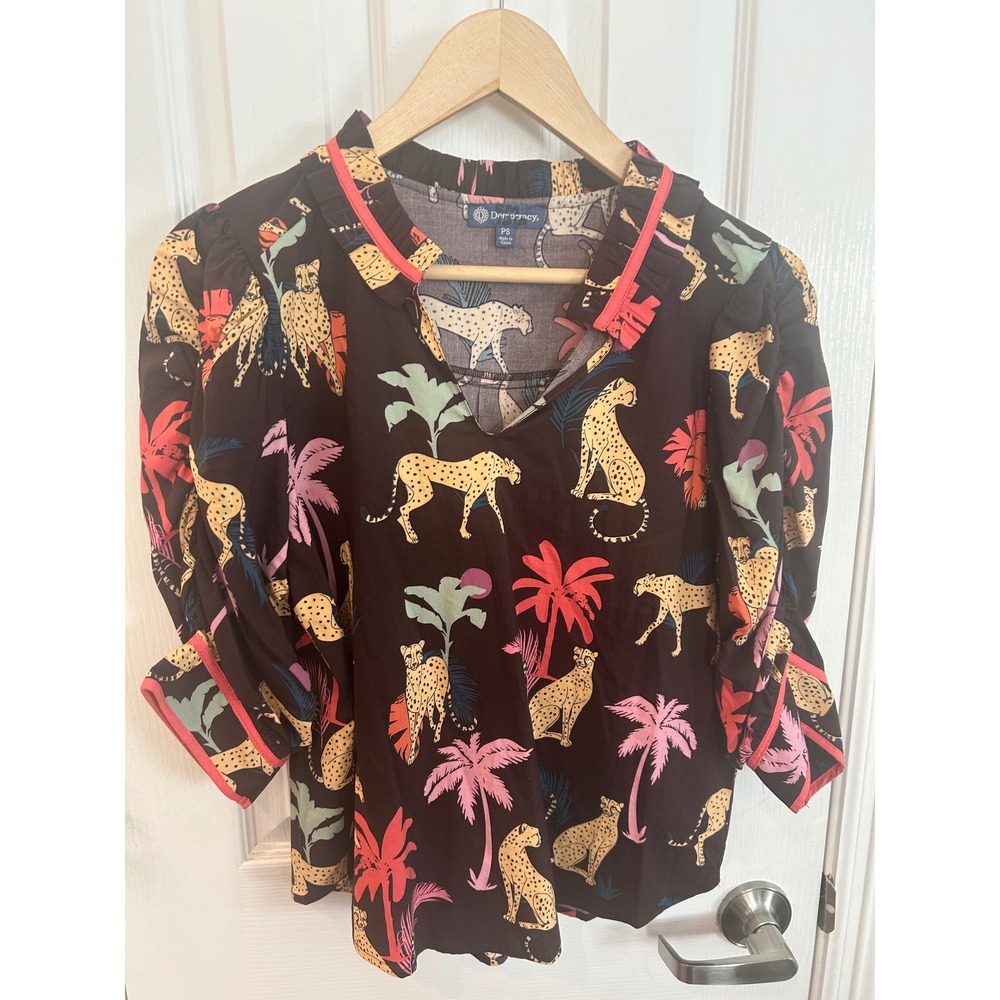 Democracy Blouse Black Cheetah Palm Tree Print‎ Ruffle Neck Puff Sleeve Top PS